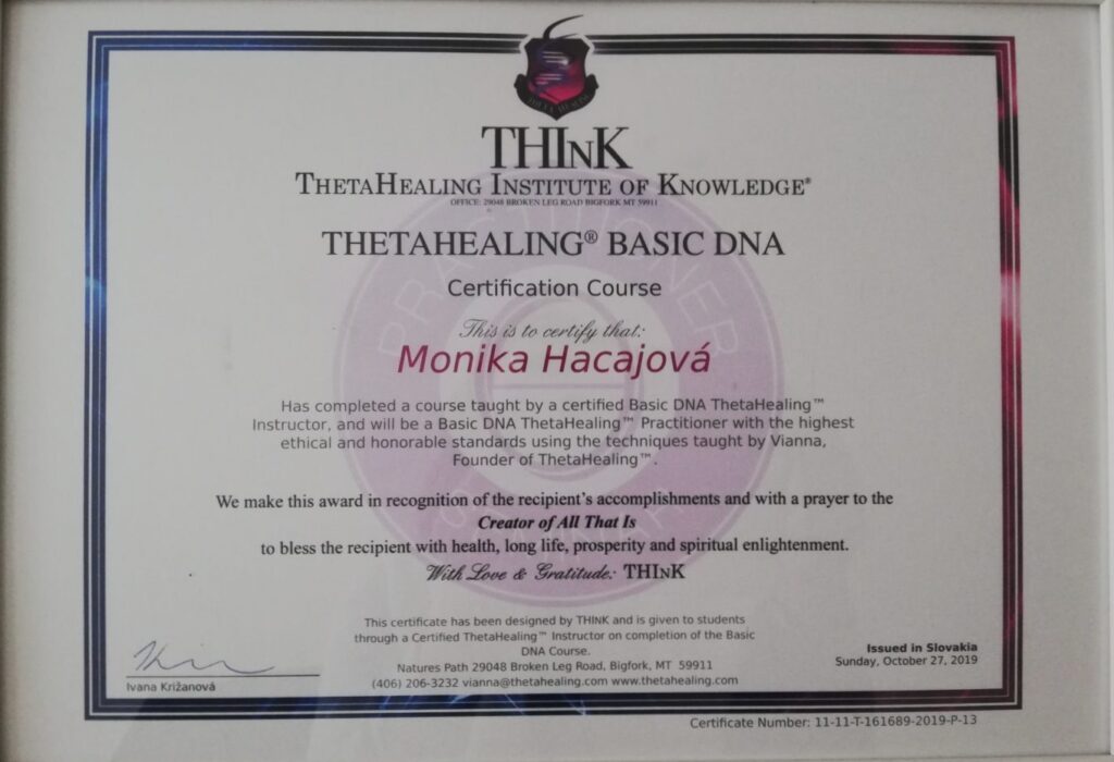 Certifikát ThetaHealing – Monika Hacajová